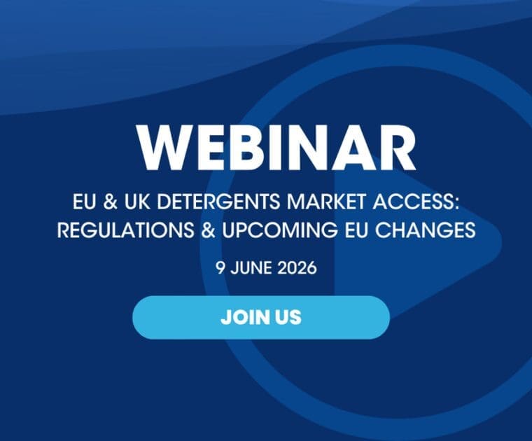 Banner image for a webinar on EU & UK detergents market access regulations, highlighting upcoming EU regulatory changes affecting detergents, chemicals compliance, labeling, sustainability, and product market entry requirements.