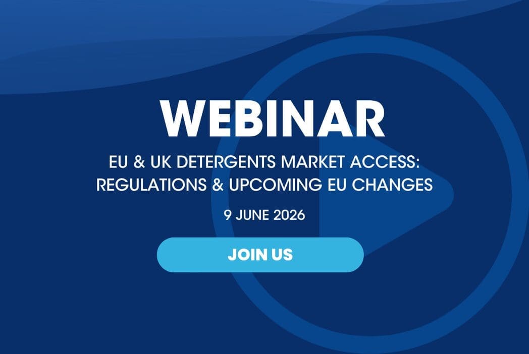 Banner image for a webinar on EU & UK detergents market access regulations, highlighting upcoming EU regulatory changes affecting detergents, chemicals compliance, labeling, sustainability, and product market entry requirements.