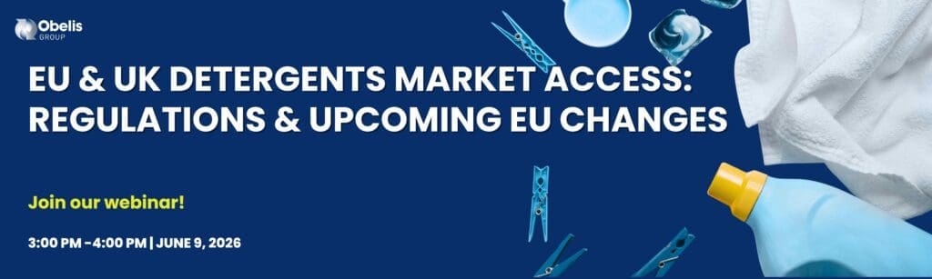 Banner image for a webinar on EU & UK detergents market access regulations, highlighting upcoming EU regulatory changes affecting detergents, chemicals compliance, labeling, sustainability, and product market entry requirements.
