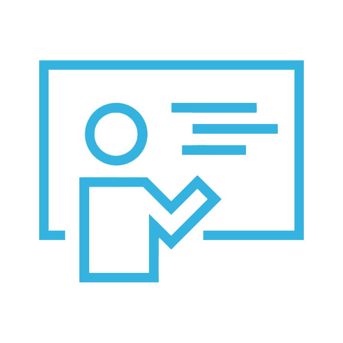 A blue icon of person writing on a blackboard