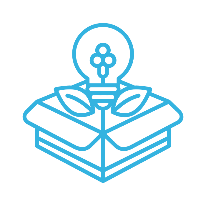 A blue icon of lightbulb in a box