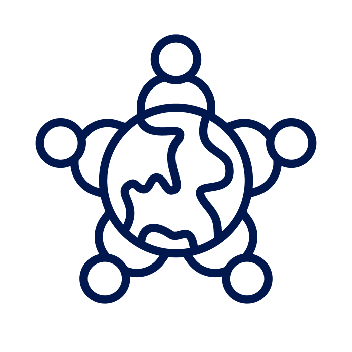 A dark blue icon of five persons connecting in a world