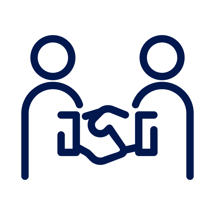A dark blue icon of two people shaking hand
