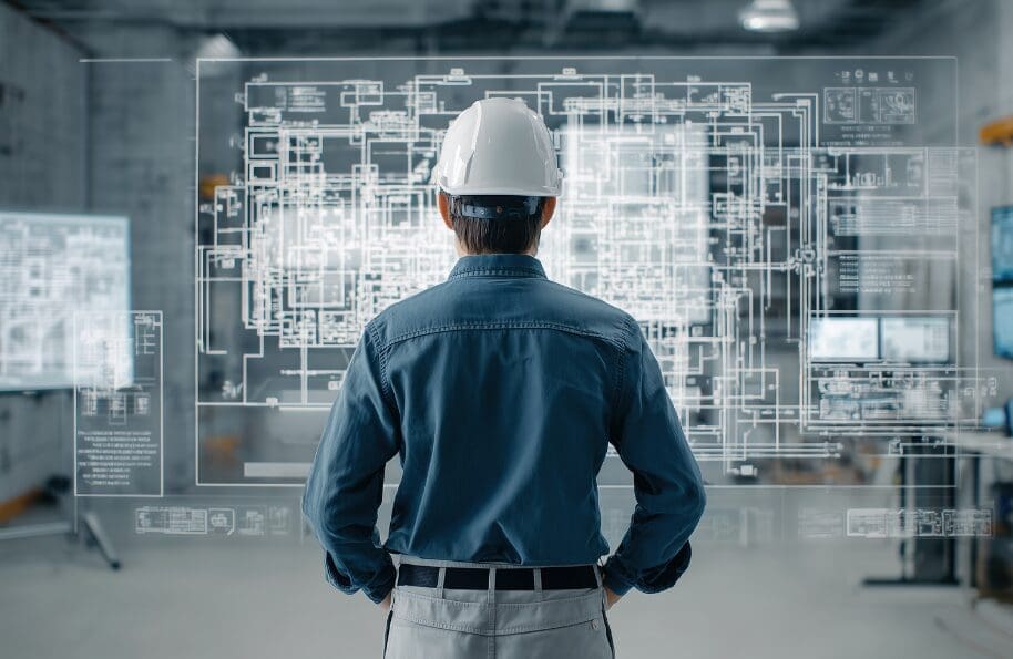 Engineer wearing a safety helmet reviewing digital blueprints on a transparent screen in an industrial facility.